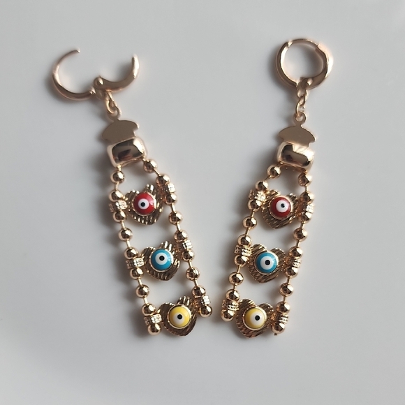 Gold Evil Eye Dangle Earrings - Picture 2 of 4
